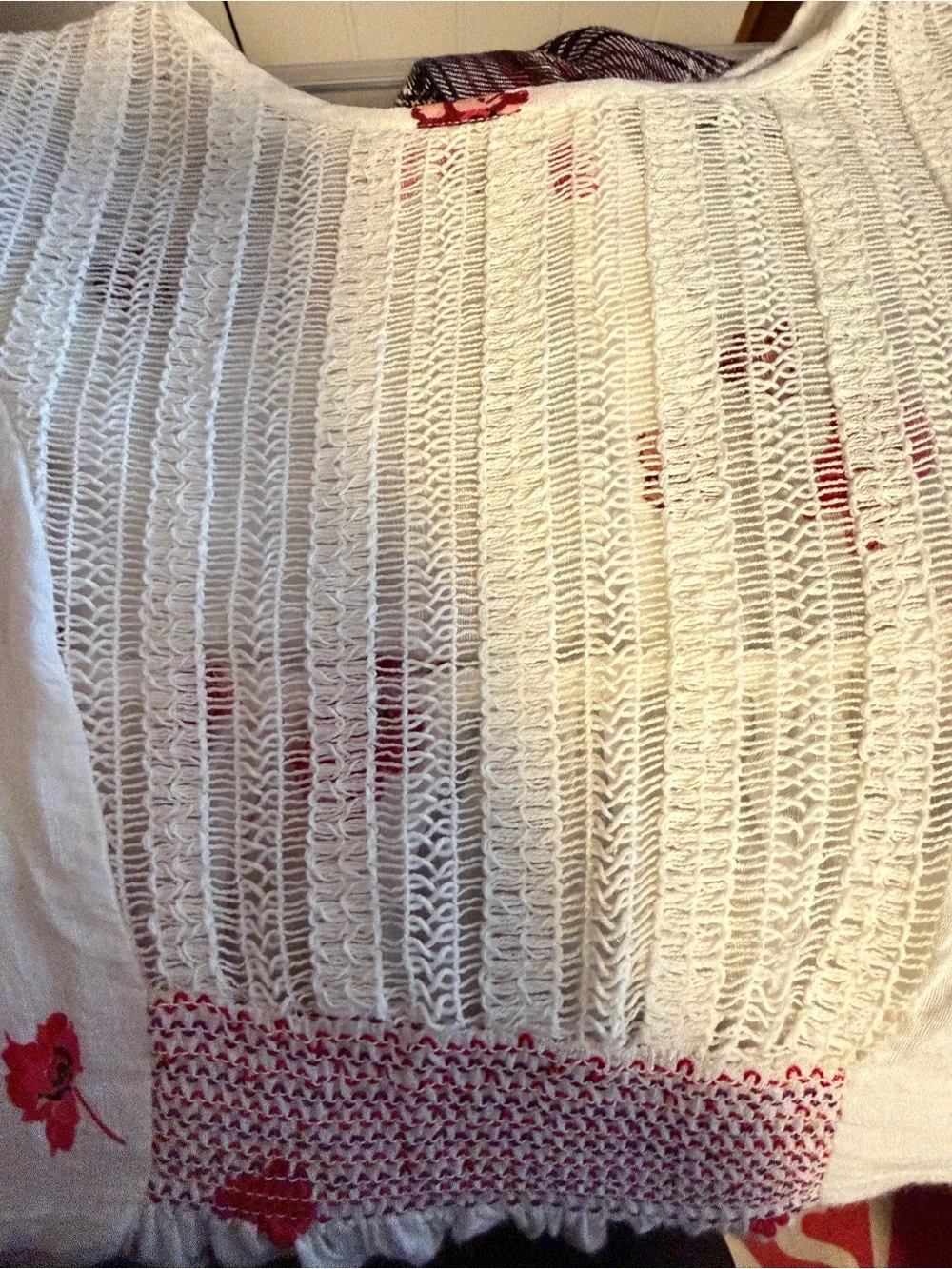 Anthropologie White Peasant Blouse with Red Floral Print